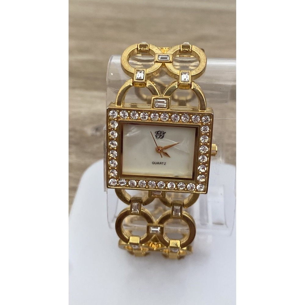 Gold Tone EJ Quartz Watch With Rhinestone Accents Womens Geometric Circular Wide